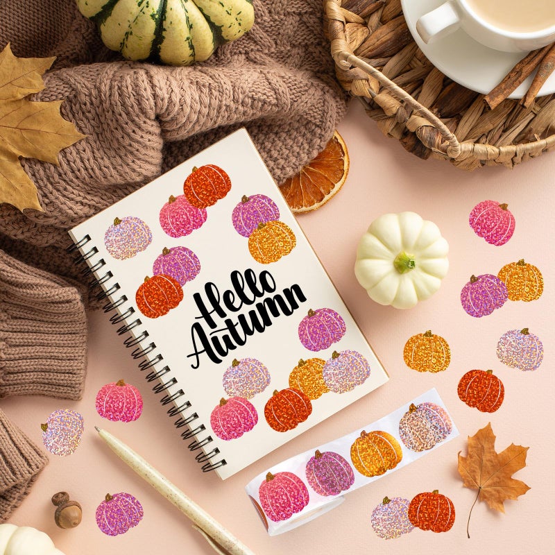 Whaline Fall Thanksgiving Pumpkin Stickers Roll Laser Pink Orange Pumpkin Shape Seal Stickers Waterproof Self-Adhesive Decals for Envelope Scrapbook Autumn Party Supplies, 500 Pcs - Image 5